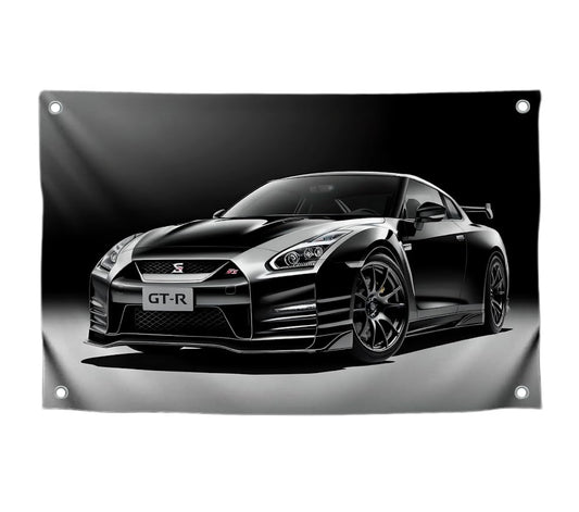3x5 Feet Black GTR Racing Car Flag with Four Brass Grommets - Cool Polyester Racing Flag Banner for Outside on Inside - Vintage JDM GTR Fans Wall
