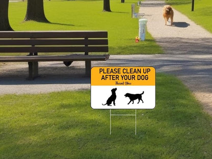 Set of 3 Please Clean Up After Your Dog Yellow Sign with Metal Wire H-Stakes - 12х8 inch No Poop Dogs for Yard or Poop Pick Up Signs for Lawn