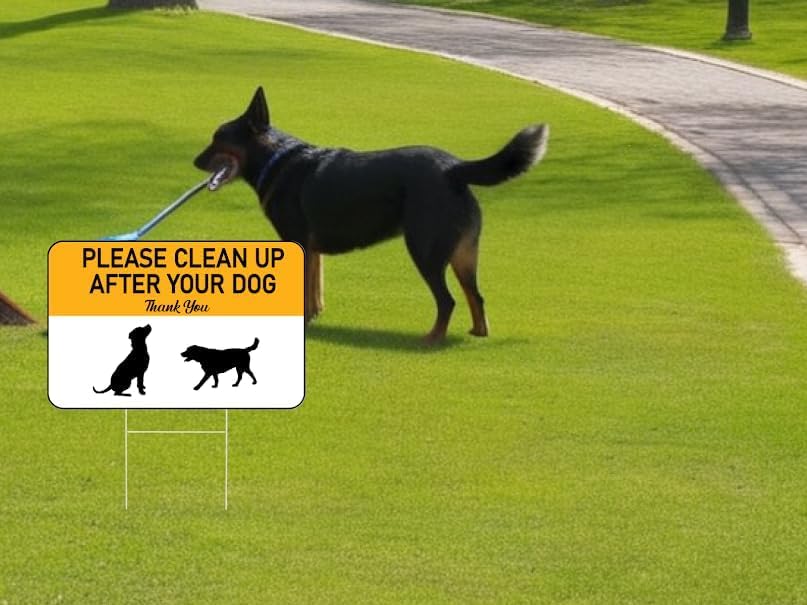 Set of 3 Please Clean Up After Your Dog Yellow Sign with Metal Wire H-Stakes - 12х8 inch No Poop Dogs for Yard or Poop Pick Up Signs for Lawn