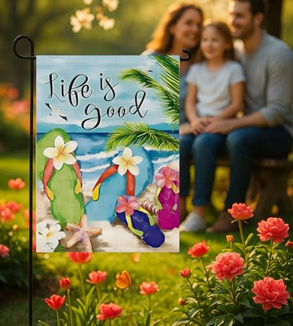 Double Sided Summer Garden Flag - Flip Flops on Summer Beach Life is good - Outside Garden Yard Decorations - Outdoor Decorative Banners for Yard