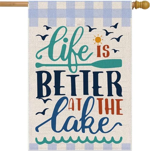 Double Sided Summer Garden Flag - Banner Life Is Better At The Lake - Holiday Yard Outdoor Decoration - Seasonal Large Outdoor Yard Flags of Burlap
