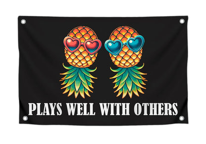 3x5 Feet Meme Pineapple Quote Flag "Plays Well With Others" with Four Brass Grommets - Polyester College Dorm Banners for Wall Bedroom