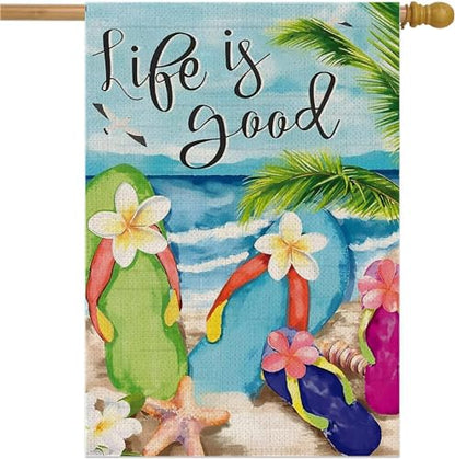 Double Sided Summer Garden Flag - Flip Flops on Summer Beach Life is good - Outside Garden Yard Decorations - Outdoor Decorative Banners for Yard