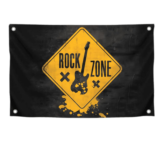 3x5 Feet Black Polyester Flag Rock Zone with Four Brass Grommets - Guitar Suitable for Indoor and Outdoor Decorate - American Music Banner for Garden