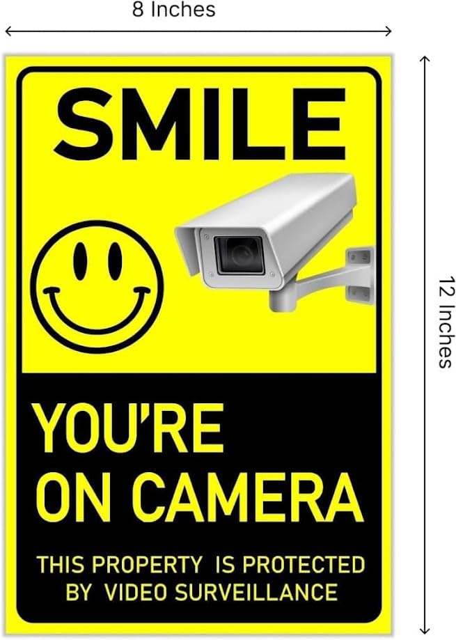 Set of 3 Smile You’re On Camera Signs Wire H-Stakes - 8x12 Inch This Property Is Protected By Video Surveillance. Private Property Video Home Security