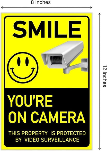 Set of 3 Smile You’re On Camera Signs Wire H-Stakes - 8x12 Inch This Property Is Protected By Video Surveillance. Private Property Video Home Security