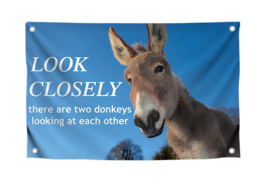 3x5 Feet Donkey Meme Single Sided Flag "Look Closely" with 4 Brass Grommets - Polyester Flags with Animals for Wall Decoration