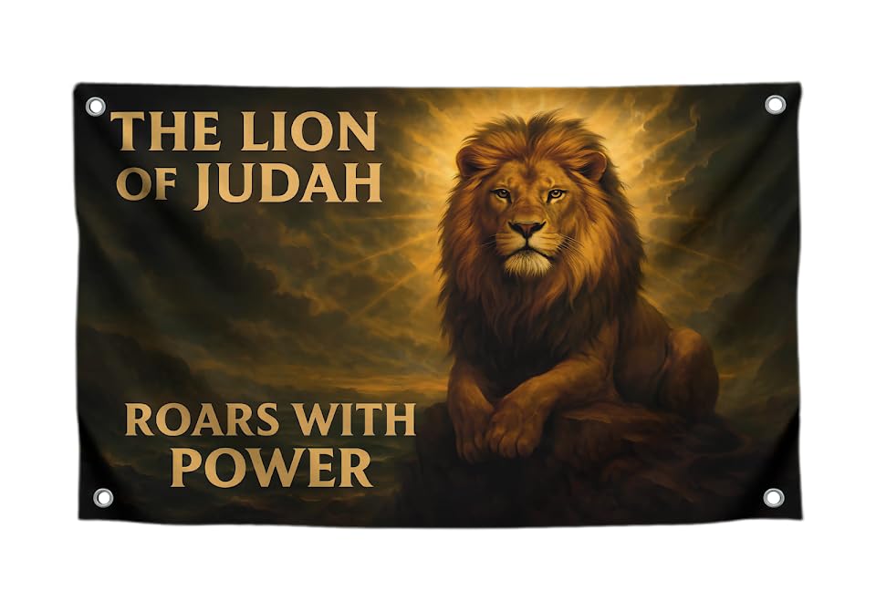 3x5 Feet The Lion Flag with Quote "The Lion of Judah Roars with Power" Perfect Idea for Decor Room - Single Sided Polyester Flags with Four Brass