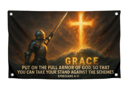 3x5 Feet Armor of God Flag with Quote - "Grace Put On The Full Armor" with 4 Brass Grommets - Polyester Wall Decor Flags for Church - Single Sided