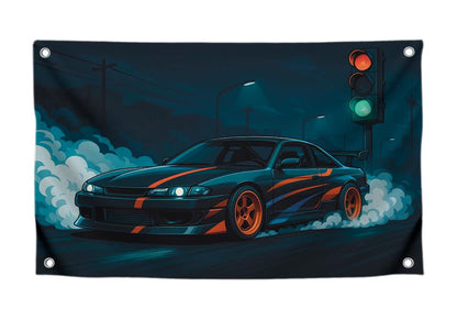 Cool Flag 3x5 Feet Sports Car "Street Drift in Lights of Night City" - Single Sided Polyester Tapestry with Four Brass Grommets. Wall Flags Decoration
