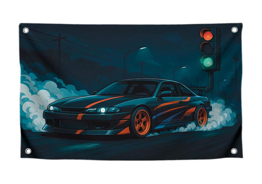 Cool Flag 3x5 Feet Sports Car "Street Drift in Lights of Night City" - Single Sided Polyester Tapestry with Four Brass Grommets. Wall Flags Decoration