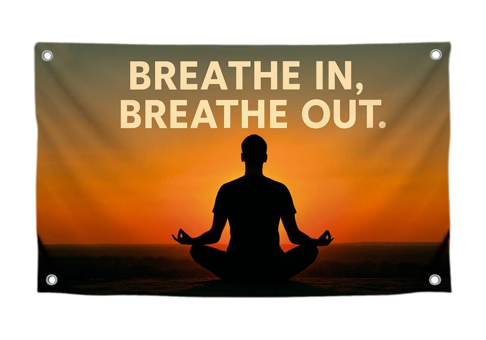 3x5 Feet Polyester Meditation Flag with Quote "Breathe In, Breathe Out" with Four Brass Grommets - Motivation Tapestries Banner for Bedroom