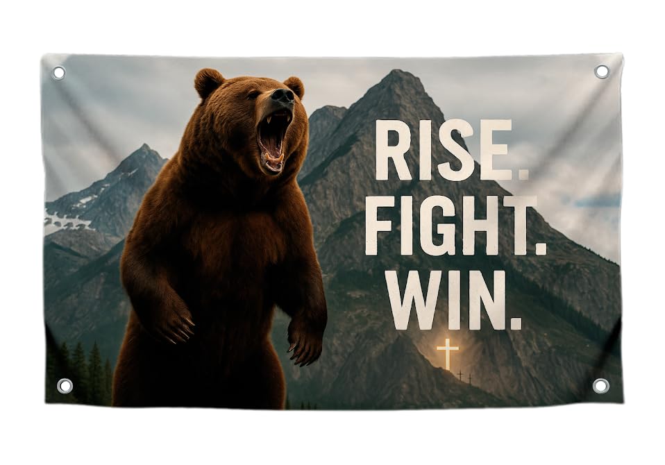 3x5 Feet Motivation Flag with Big Bear and Quote ''Rise. Fight. Win.'' for Gym Room Guys with Four Brass Grommets - Single Sided Animal Meme Tapestry