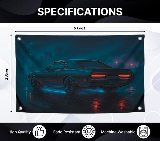 Flag 3x5 Feet Cool Automobile "Night Sports Car Speed and Power" - Single Sided Polyester Banners with 4 Brass Grommets