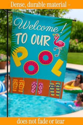 Double Sided Summer Garden Flag - Welcome to Our Pool Banners - Seasonal Large Outdoor Yard Flags of Burlap - Outside Decorative Banners for Yard