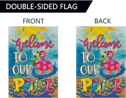 Double Sided Summer Garden Flag - Welcome to Our Pool Banners - Seasonal Large Outdoor Yard Flags of Burlap - Hello Summer Holiday Flags Outdoor Yard