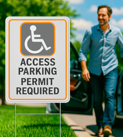 Set of 3 Double Sided 12x16 Inches Access Parking Permit Required Sign with Metal Wire H-Stakes - No Parking Road Traffic Signs for Garden Decoration