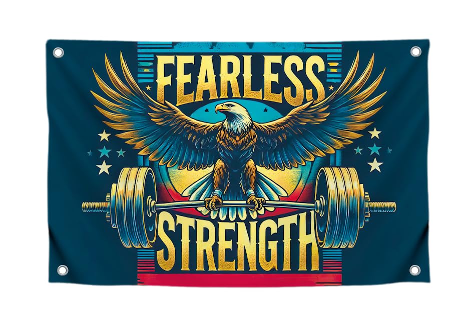 3x5 Ft Motivation Gym Single Sided Flag with Quote Fearless Strength with 4 Brass Grommets - Eagle Inspirational Polyester Banner for Wall Decoration