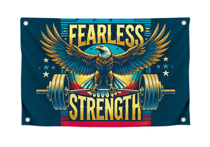 3x5 Ft Motivation Gym Single Sided Flag with Quote Fearless Strength with 4 Brass Grommets - Eagle Inspirational Polyester Banner for Wall Decoration