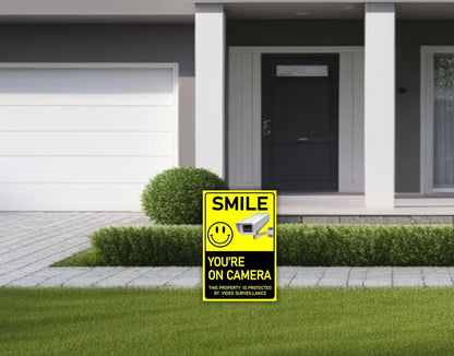 Set of 3 Smile You’re On Camera Signs Wire H-Stakes - 8x12 Inch This Property Is Protected By Video Surveillance. Private Property Video Home Security