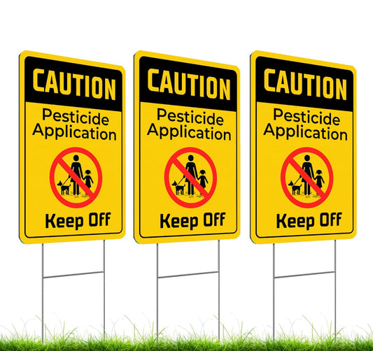 Set of 3 Double Sided 12x8 Inches Caution Application Keep Off Sign with Metal Stakes - Plastic Warning Yard Sign for Lawn Grass.