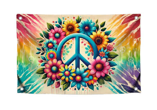 3x5 Feet Multicolored Peace Single Sided Flag with 4 Brass Grommets - Rainbow Flowers Polyester Banner for Wall Decoration - World Peace Sign Symbol