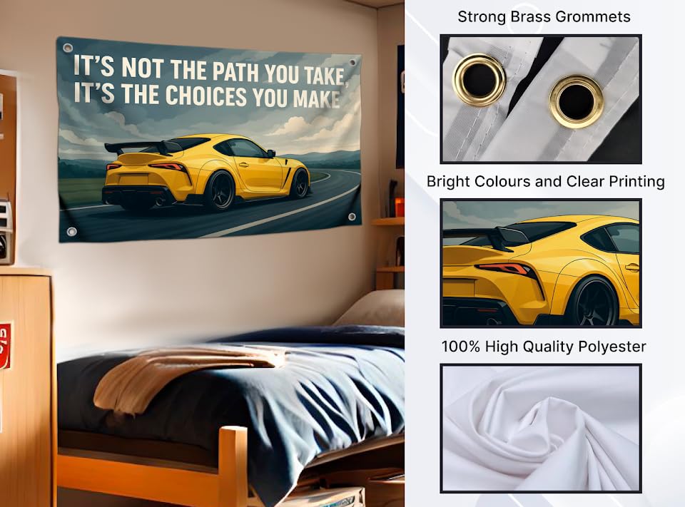 3x5 Feet Flag with Sport Yellow Car and Quote ''It's Not The Path You Take, It's The Choices You Make'' with Four Brass Grommets - Single Sided Flag