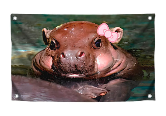 3x5 Feet Cute Baby Hippopotamus Flag with Four Brass Grommets - Single Sided Cool Small Animal Posters for Room Teen Girls - Polyester Huge Wall