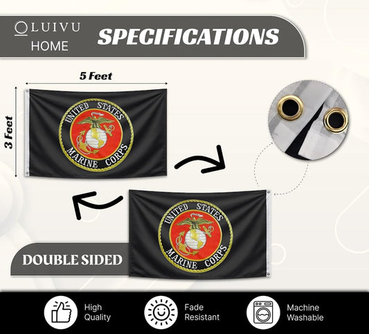 3x5 ft US Marine Corps USMC Emblem Flag – Black, Double-Sided