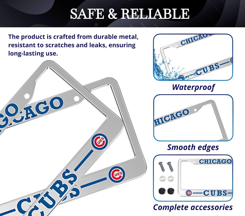 License Plate Frame for US Standard. Chicago Cubs 6x12.25 Inch License Plate Frames with 2 Holes and Screws - Stainless Steel Frame for Front and Rear