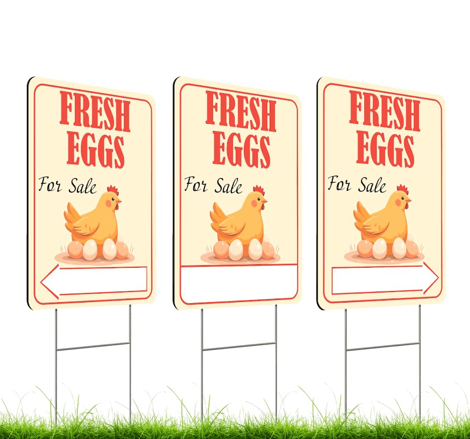 3X Double Sided 12x16 Inches Fresh Eggs For Sale Plastic Sign with Metal H-Stakes for Outdoor and Indoor