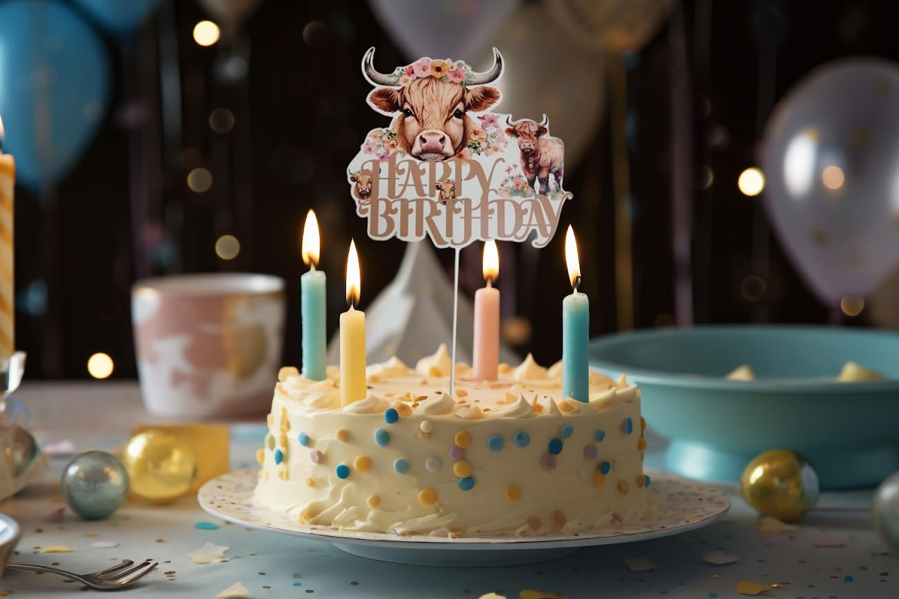 6.7x7.6 Inch Highland Cow Happy Birthday Cake Topper Paper - Highlands Cow Birthday Party Supplies - Brown Glitter Highland Cow