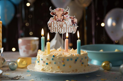 6.7x7.6 Inch Highland Cow Happy Birthday Cake Topper Paper - Highlands Cow Birthday Party Supplies - Brown Glitter Highland Cow