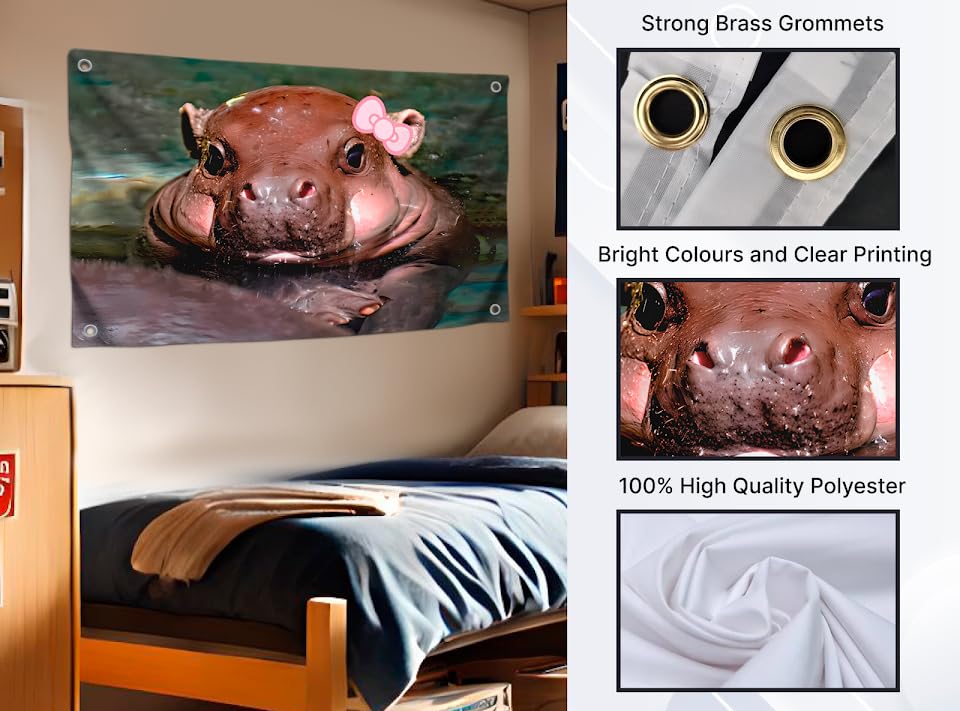 3x5 Feet Cute Baby Hippopotamus Flag with Four Brass Grommets - Single Sided Cool Small Animal Posters for Room Teen Girls - Polyester Huge Wall