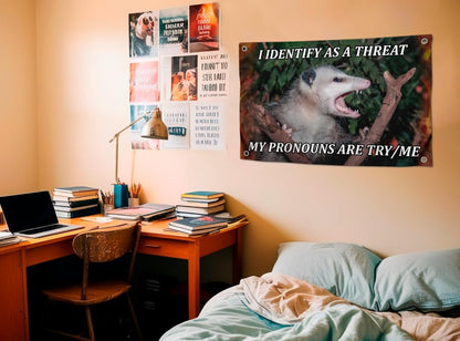3x5 Feet Funny Rat Flag with Quote "I Identify As A Threat My Pronouns Are Try/Me" with Four Brass Grommets - Single Sided Meme Flag for Wall