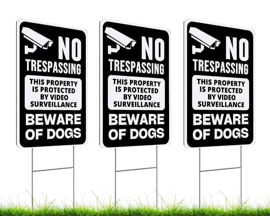 ULVEOL Set of 3 Double Sided 12x8 Inches Beware of Dog Plastic Sign with Metal Stakes. No Trespassing This Property Is Protected By Video Surveillance