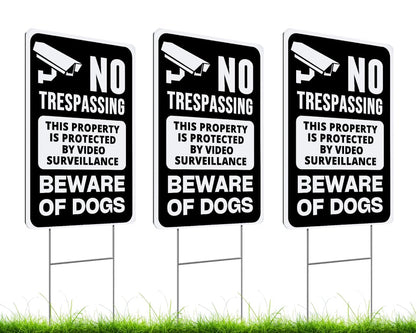 ULVEOL Set of 3 Double Sided 12x8 Inches Beware of Dog Plastic Sign with Metal Stakes. No Trespassing This Property Is Protected By Video Surveillance