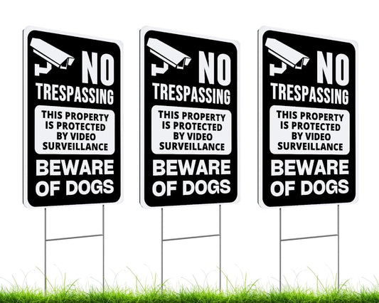 ULVEOL Set of 3 Double Sided 12x8 Inches Beware of Dog Plastic Sign with Metal Stakes. No Trespassing This Property Is Protected By Video Surveillance