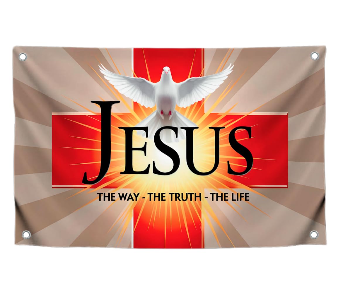 3x5 Ft Polyester Flag The Way - The Life with 4 Brass Grommets - Single Sided Banner with A Cross and A Dove for Wall Decoration