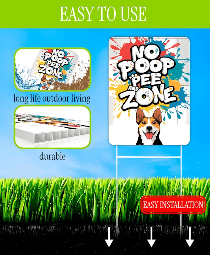 Set of 3 Double Sided 12x8 Inches Plastic Sign "No Poop and Pee Zone" With H-Stakes