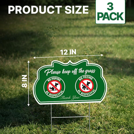 Set of 3 Please Keep Off The Grass Plastic Sign with Metal Wire H-Stakes - 12x8 inch No Peeing and No Pooping Dog Sign - Double Sided Please
