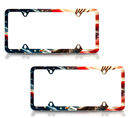 Set of 2 Personalized Car License Plate Frames for US Standard Frame American Flag Eagle - Plate Frame 6 x 12.25 inches and 4 Holes and Screws