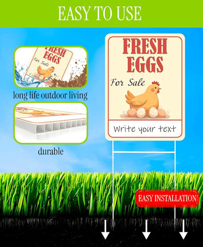 3X Double Sided 12x16 Inches Fresh Eggs For Sale Plastic Sign with Metal H-Stakes for Outdoor and Indoor