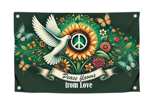 3x5 Feet Polyester Flag with Quote "Peace Blooms From Love" with 4 Brass Grommets - Single Sided Hippie Sunflower Flags with Butterflies for Garden