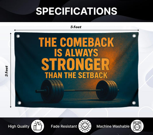 3x5 Ft Gym Flag Weightlifting with Quote “The Comeback Is Always Stronger Than the Setback” with 4 Brass Grommets.Polyester College Poster for Bedroom