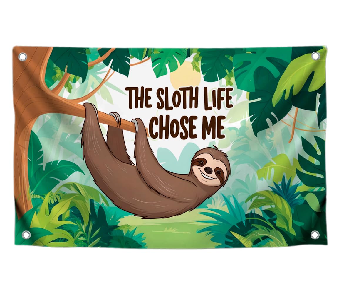 3x5 Feet Funny Animals Flag "The Sloth Life Chose Me" with 4 Brass Grommets - Banner Depicting a Sloth Hanging From a Tree in The Jungle