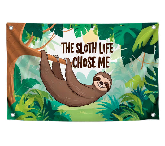 3x5 Feet Funny Animals Flag "The Sloth Life Chose Me" with 4 Brass Grommets - Banner Depicting a Sloth Hanging From a Tree in The Jungle