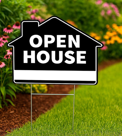 Set of 3 Double Sided 12x16 Inches Plastic Open House Signs with Metal H-Stakes - Black Sign for Real Estate Agent Supplies
