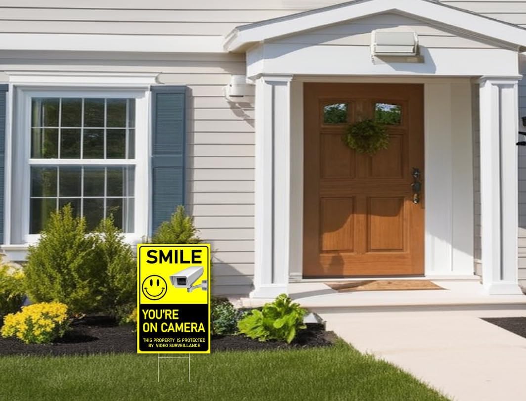 Set of 3 Smile You’re On Camera Signs Wire H-Stakes - 8x12 Inch This Property Is Protected By Video Surveillance. Private Property Video Home Security