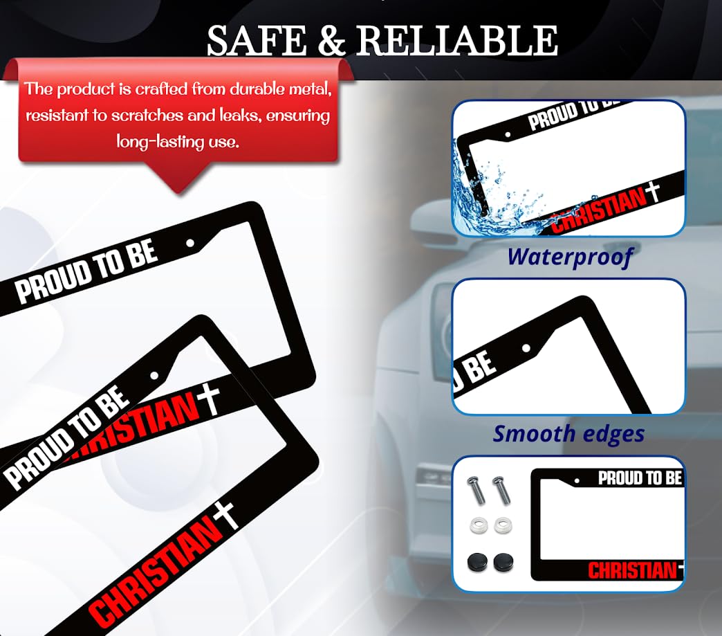 6x12.25 Inch License Plate Frame with Quote Proud to Be Christian with 2 Standard Slotted Mounting Holes and Screws
